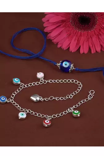 Handmade rakhi combo couple pair evil eye and colorful evil eye charms bracelet silver plated set for bhaiya bhabhi
