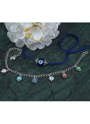 Handmade rakhi combo couple pair evil eye and colorful evil eye charms bracelet silver plated set for bhaiya bhabhi 3
