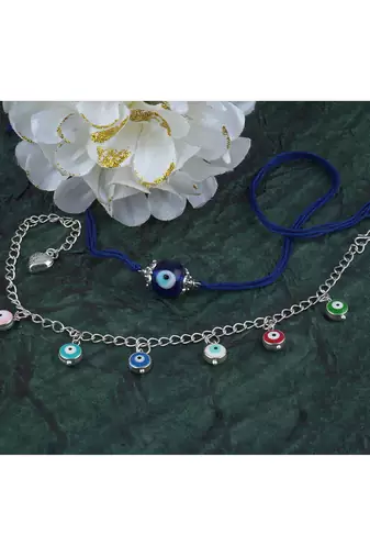 Handmade rakhi combo couple pair evil eye and colorful evil eye charms bracelet silver plated set for bhaiya bhabhi