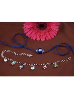 Handmade rakhi combo couple pair evil eye and colorful evil eye charms bracelet silver plated set for bhaiya bhabhi 4