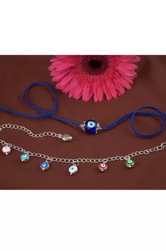 Handmade rakhi combo couple pair evil eye and colorful evil eye charms bracelet silver plated set for bhaiya bhabhi