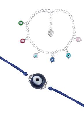 Handmade rakhi combo couple pair evil eye and colorful evil eye charms bracelet silver plated set for bhaiya bhabhi 5