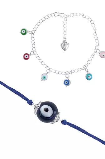 Handmade rakhi combo couple pair evil eye and colorful evil eye charms bracelet silver plated set for bhaiya bhabhi