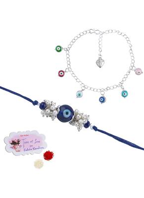 Handmade rakhi combo couple pair evil eye and colorful evil eye charms bracelet silver plated set for bhaiya bhabhi 1