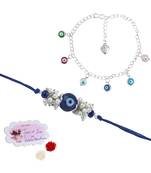 Handmade rakhi combo couple pair evil eye and colorful evil eye charms bracelet silver plated set for bhaiya bhabhi