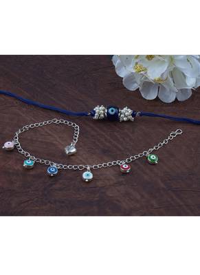 Handmade rakhi combo couple pair evil eye and colorful evil eye charms bracelet silver plated set for bhaiya bhabhi 2