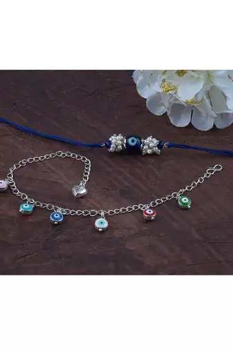 Handmade rakhi combo couple pair evil eye and colorful evil eye charms bracelet silver plated set for bhaiya bhabhi
