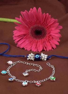 Handmade rakhi combo couple pair evil eye and colorful evil eye charms bracelet silver plated set for bhaiya bhabhi 3