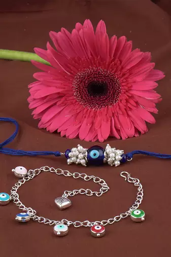 Handmade rakhi combo couple pair evil eye and colorful evil eye charms bracelet silver plated set for bhaiya bhabhi