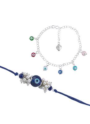 Handmade rakhi combo couple pair evil eye and colorful evil eye charms bracelet silver plated set for bhaiya bhabhi 4