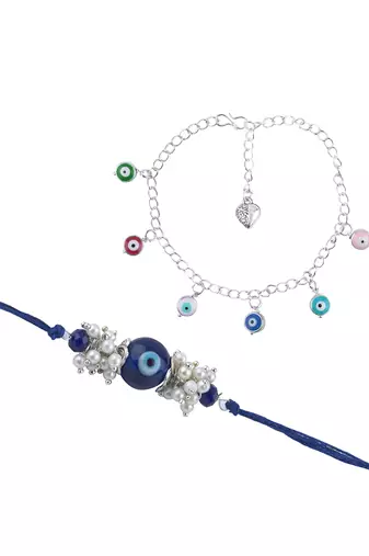 Handmade rakhi combo couple pair evil eye and colorful evil eye charms bracelet silver plated set for bhaiya bhabhi