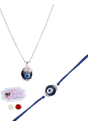 Handmade rakhi combo couple pair evil eye and evil eye unisex pendant set silver plated for bhaiya bhabhi 1