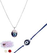 Handmade rakhi combo couple pair evil eye and evil eye unisex pendant set silver plated for bhaiya bhabhi