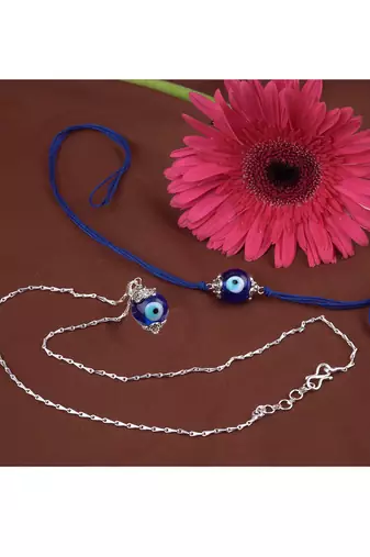 Handmade rakhi combo couple pair evil eye and evil eye unisex pendant set silver plated for bhaiya bhabhi