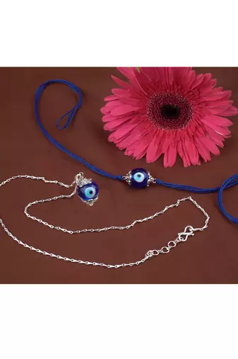 Handmade rakhi combo couple pair evil eye and evil eye unisex pendant set silver plated for bhaiya bhabhi