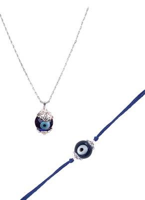 Handmade rakhi combo couple pair evil eye and evil eye unisex pendant set silver plated for bhaiya bhabhi 4