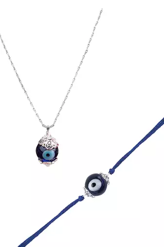 Handmade rakhi combo couple pair evil eye and evil eye unisex pendant set silver plated for bhaiya bhabhi