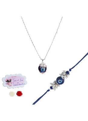 Handmade rakhi combo couple pair evil eye and evil eye unisex pendant set silver plated for bhaiya bhabhi 1