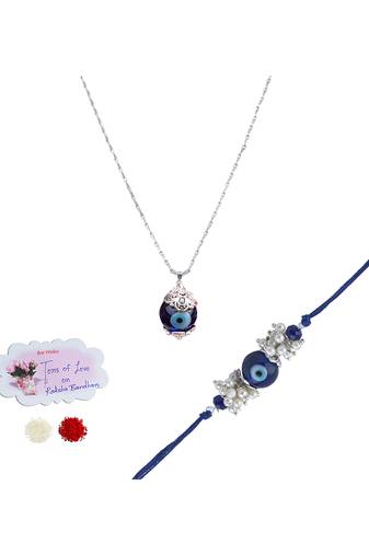 Handmade rakhi combo couple pair evil eye and evil eye unisex pendant set silver plated for bhaiya bhabhi