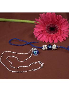 Handmade rakhi combo couple pair evil eye and evil eye unisex pendant set silver plated for bhaiya bhabhi 2