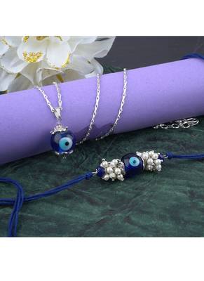 Handmade rakhi combo couple pair evil eye and evil eye unisex pendant set silver plated for bhaiya bhabhi 3