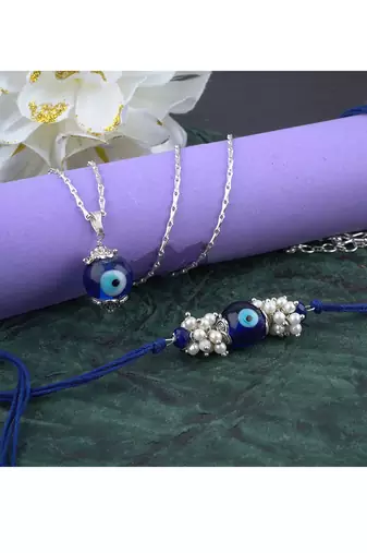 Handmade rakhi combo couple pair evil eye and evil eye unisex pendant set silver plated for bhaiya bhabhi