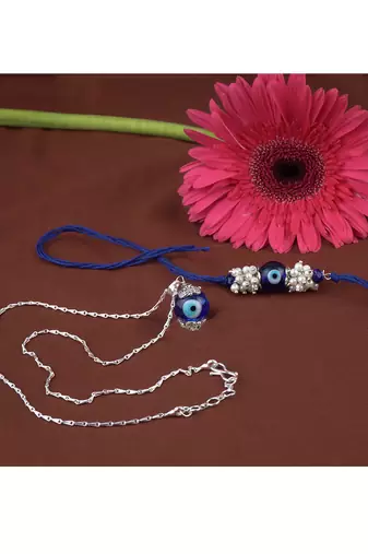 Handmade rakhi combo couple pair evil eye and evil eye unisex pendant set silver plated for bhaiya bhabhi