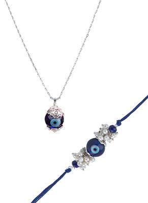 Handmade rakhi combo couple pair evil eye and evil eye unisex pendant set silver plated for bhaiya bhabhi 5