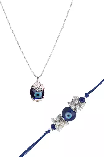 Handmade rakhi combo couple pair evil eye and evil eye unisex pendant set silver plated for bhaiya bhabhi