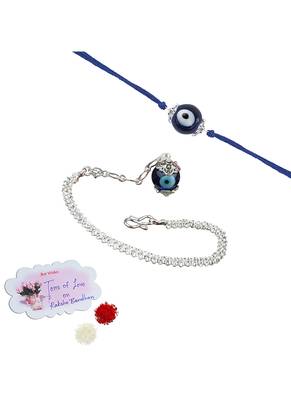 Handmade rakhi combo couple pair evil eye and evil eye unisex bracelet set silver plated for bhaiya bhabhi 1