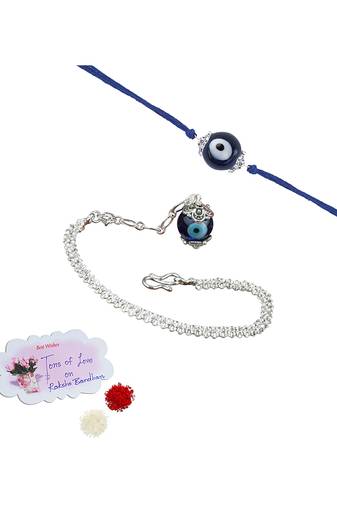 Handmade rakhi combo couple pair evil eye and evil eye unisex bracelet set silver plated for bhaiya bhabhi