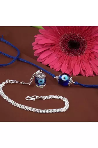 Handmade rakhi combo couple pair evil eye and evil eye unisex bracelet set silver plated for bhaiya bhabhi