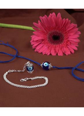 Handmade rakhi combo couple pair evil eye and evil eye unisex bracelet set silver plated for bhaiya bhabhi 3