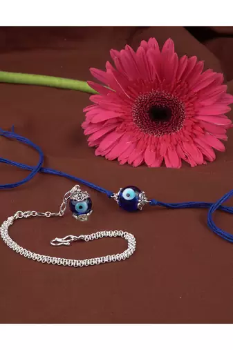 Handmade rakhi combo couple pair evil eye and evil eye unisex bracelet set silver plated for bhaiya bhabhi