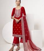 Red Colored Sequins Zari And Codding Embroidered Velvet Indian Salwar Kameez