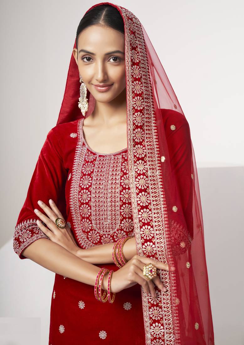 Red Colored Sequins Zari And Codding Embroidered Velvet Indian Salwar Kameez
