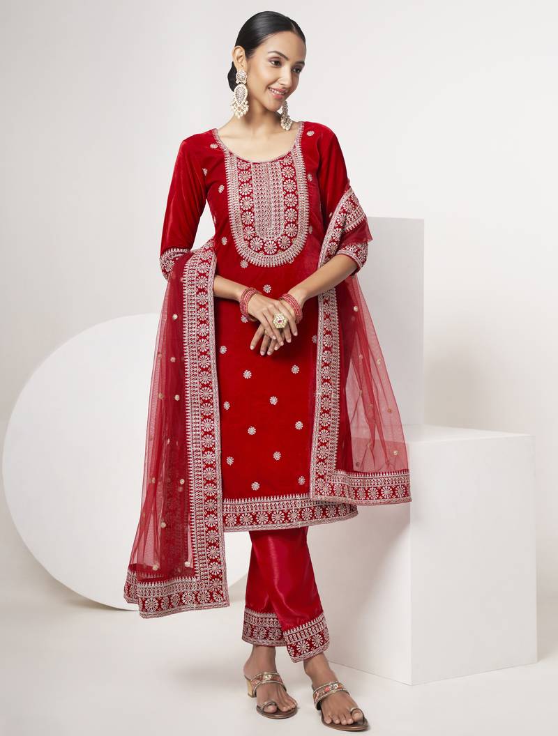 Red Colored Sequins Zari And Codding Embroidered Velvet Indian Salwar Kameez
