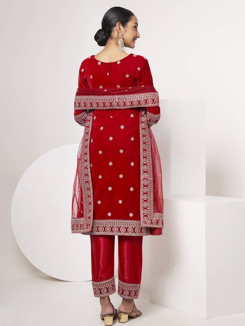 Red Colored Sequins Zari And Codding Embroidered Velvet Indian Salwar Kameez