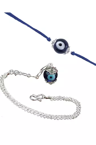 Handmade rakhi combo couple pair evil eye and evil eye unisex bracelet set silver plated for bhaiya bhabhi