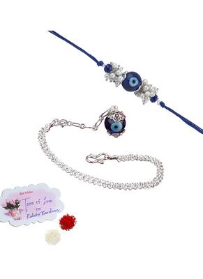 Handmade rakhi combo couple pair evil eye and evil eye unisex bracelet set silver plated for bhaiya bhabhi 1
