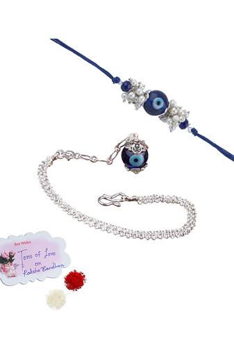 Handmade rakhi combo couple pair evil eye and evil eye unisex bracelet set silver plated for bhaiya bhabhi