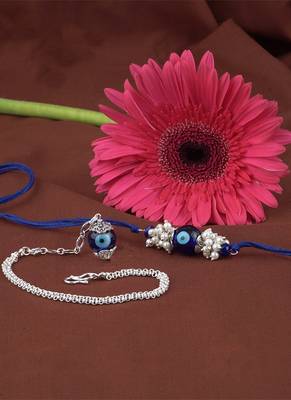 Handmade rakhi combo couple pair evil eye and evil eye unisex bracelet set silver plated for bhaiya bhabhi 2