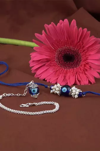 Handmade rakhi combo couple pair evil eye and evil eye unisex bracelet set silver plated for bhaiya bhabhi