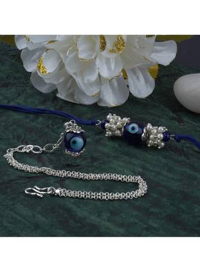 Handmade rakhi combo couple pair evil eye and evil eye unisex bracelet set silver plated for bhaiya bhabhi 3