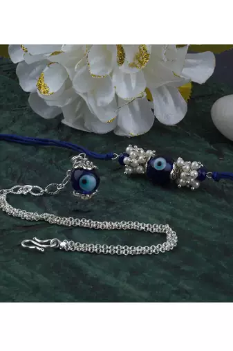 Handmade rakhi combo couple pair evil eye and evil eye unisex bracelet set silver plated for bhaiya bhabhi
