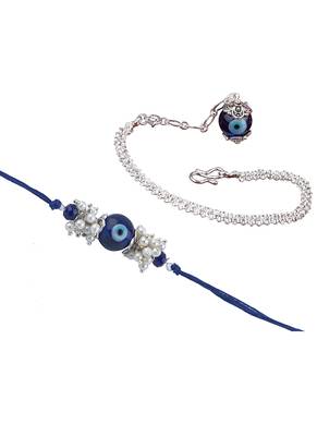 Handmade rakhi combo couple pair evil eye and evil eye unisex bracelet set silver plated for bhaiya bhabhi 4