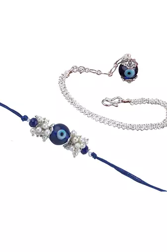 Handmade rakhi combo couple pair evil eye and evil eye unisex bracelet set silver plated for bhaiya bhabhi