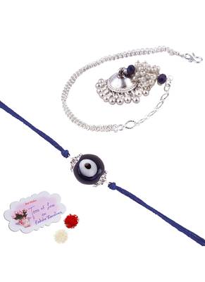 Handmade rakhi combo couple pair evil eye and jhumki bracelet set silver plated for bhaiya bhabhi 1