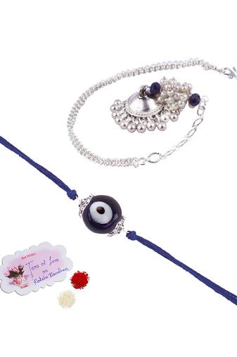 Handmade rakhi combo couple pair evil eye and jhumki bracelet set silver plated for bhaiya bhabhi