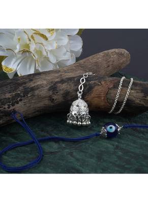 Handmade rakhi combo couple pair evil eye and jhumki bracelet set silver plated for bhaiya bhabhi 2